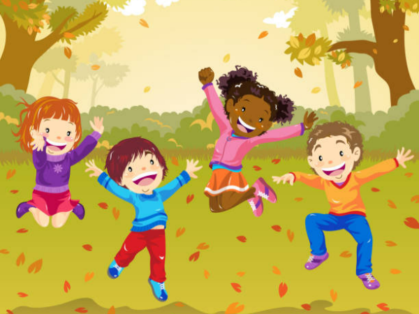 Illustration of children playing in leaves